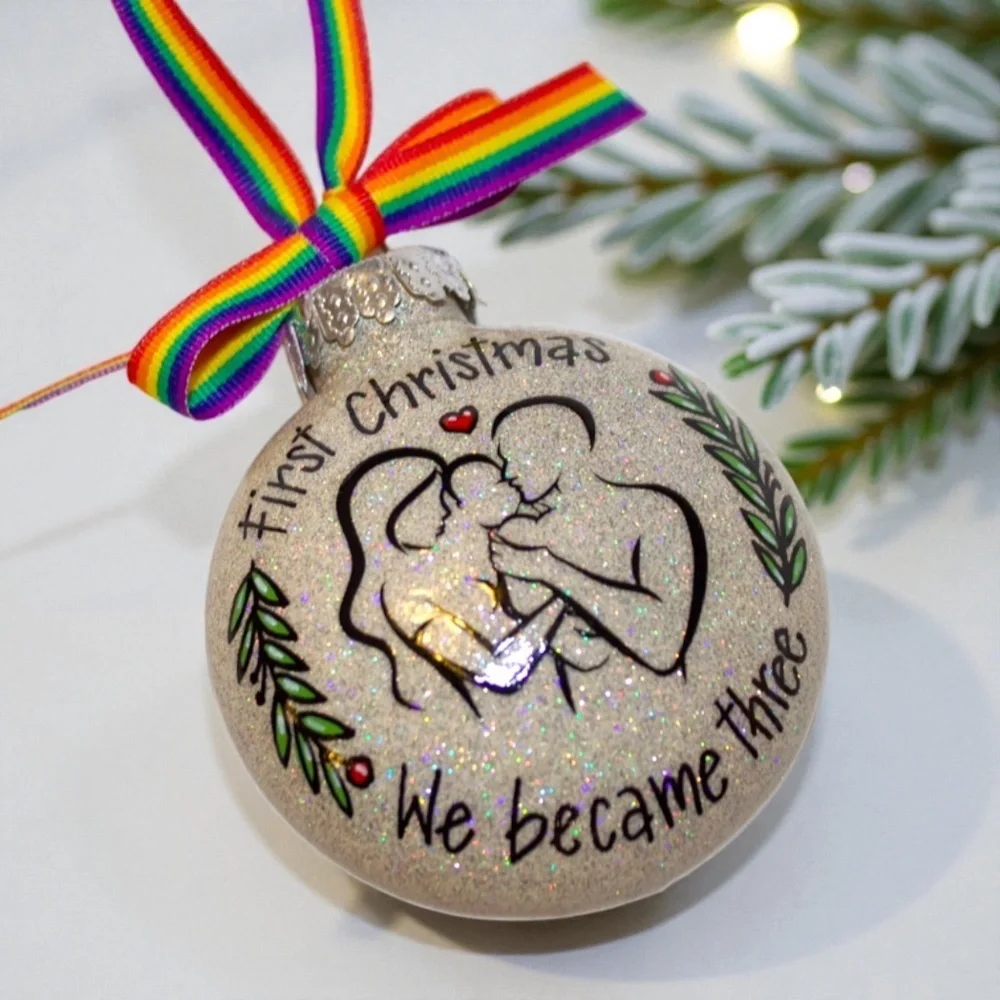 “Our First Christmas as a Family of Three” Personalized Ornament | Hand-Painted